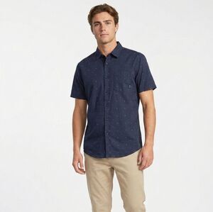 Billabong Navy Blue Geometric Print SS Button Up Shirt L Tailored Fit Stretch